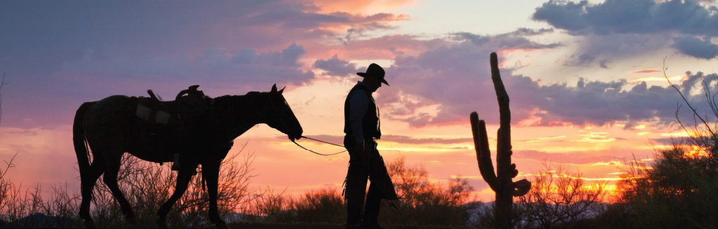 Silhouette of a cowboy walking with a horse at sunset.