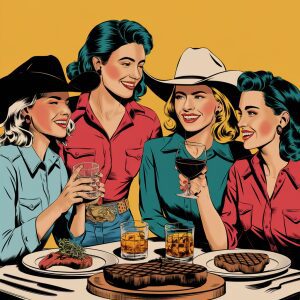 Four women enjoying drinks and steak together, dressed in western attire.