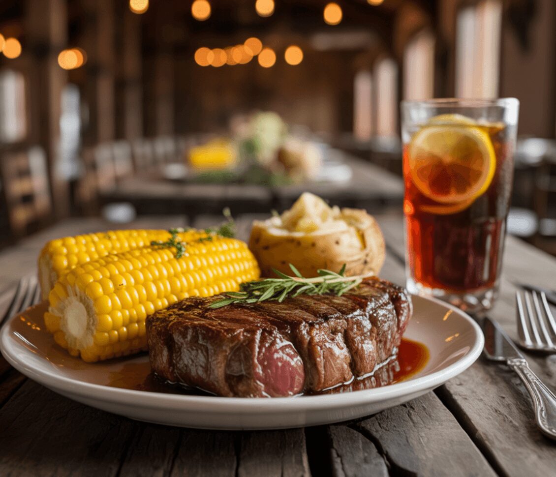 A juicy steak with corn on the cob and iced tea.